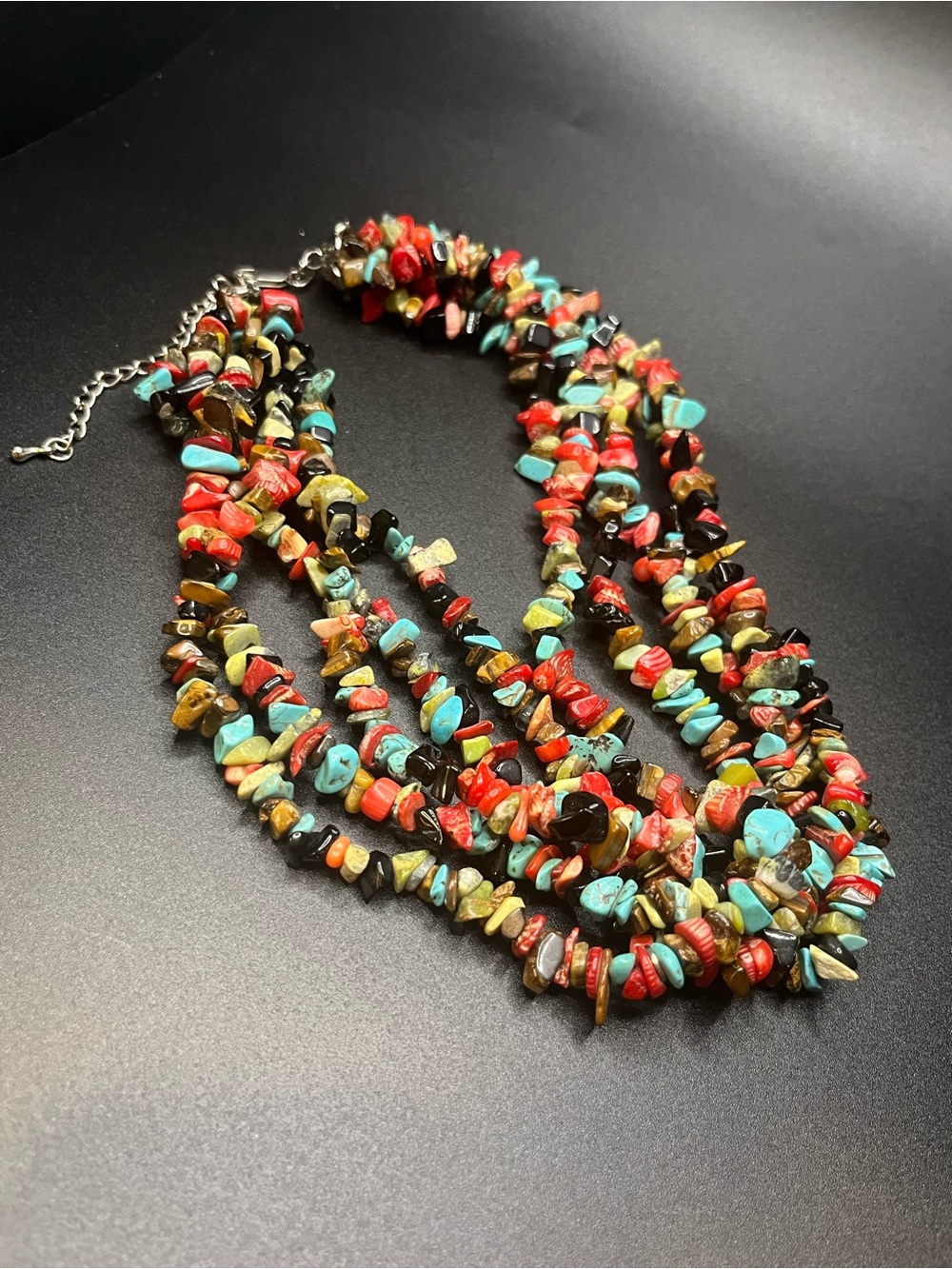 Multi Strand Gemstone Chip Necklace Turquoise Coral Tiger Eye Boho - Picture 7 of 10